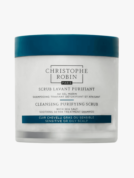 Christophe Robin Cleansing Purifying Scrub in branded tub component on a light gray background