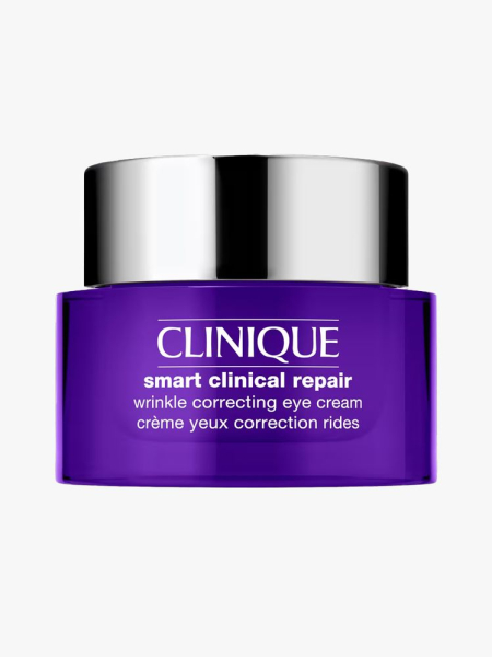 Clinique Smart Clinical Repair Wrinkle Correcting Eye Cream in branded tub component on a light gray background